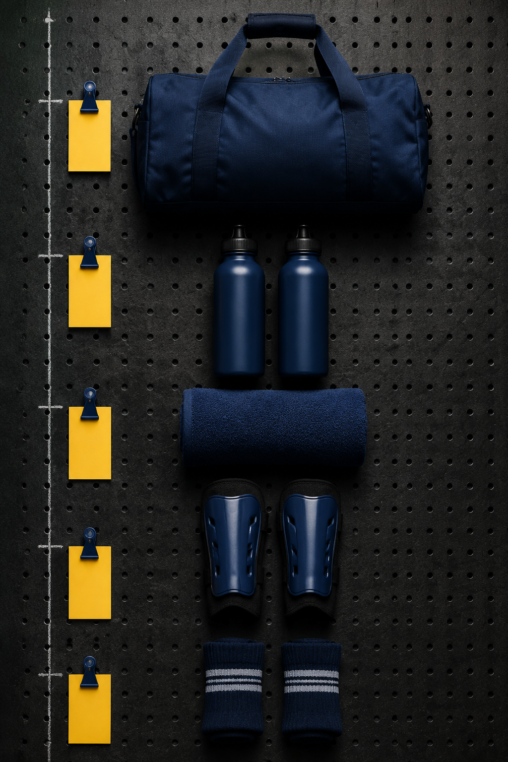 Overhead supply column of carry items — holdall bag, water bottles, rolled towel and folded layers on a dark rubber board with yellow numbered tags.