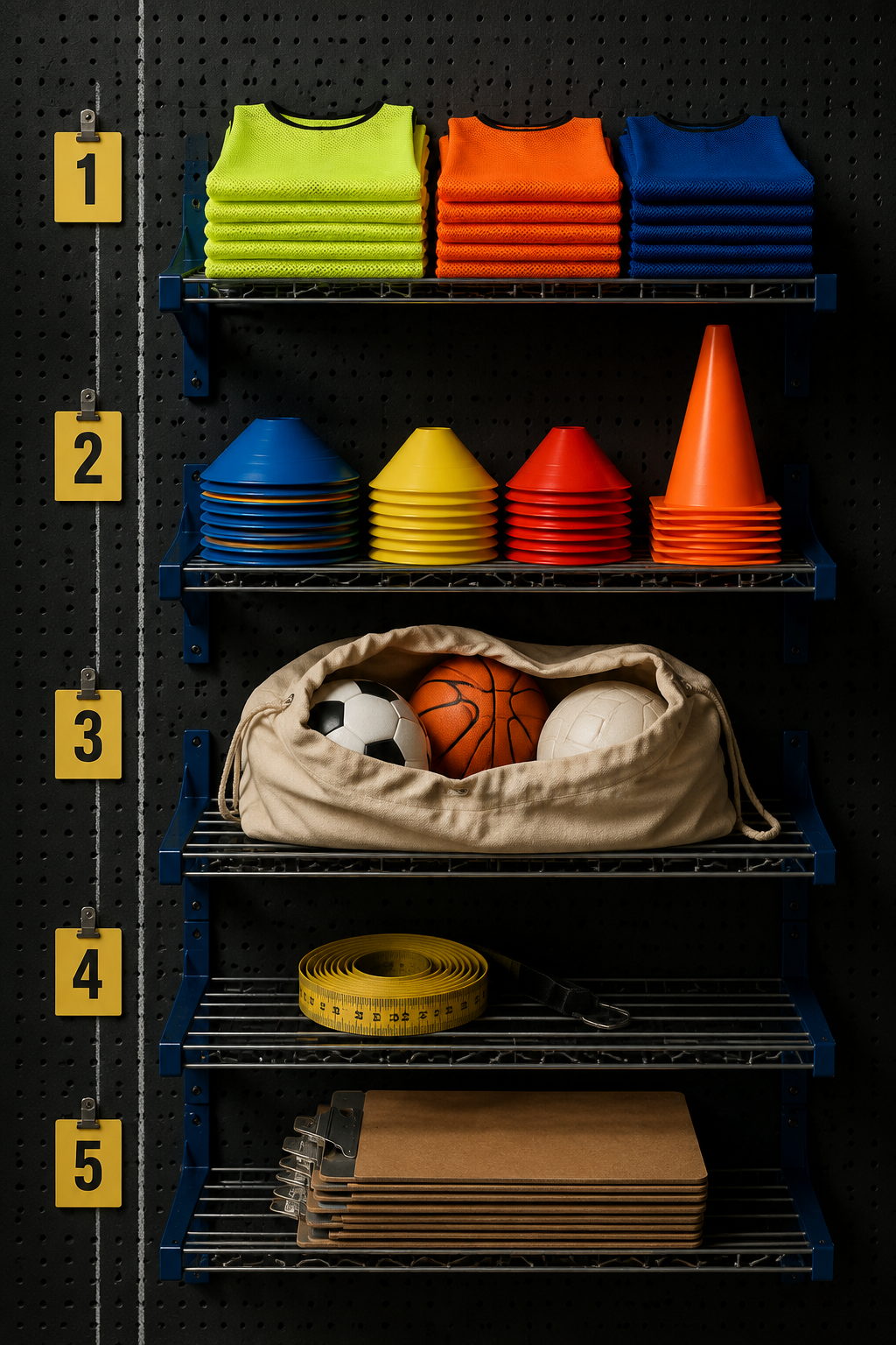 Overhead supply shelf of club items — folded training bibs, stacked cones, ball bag and clipboards on a dark rubber storage rack with yellow numbered tags.