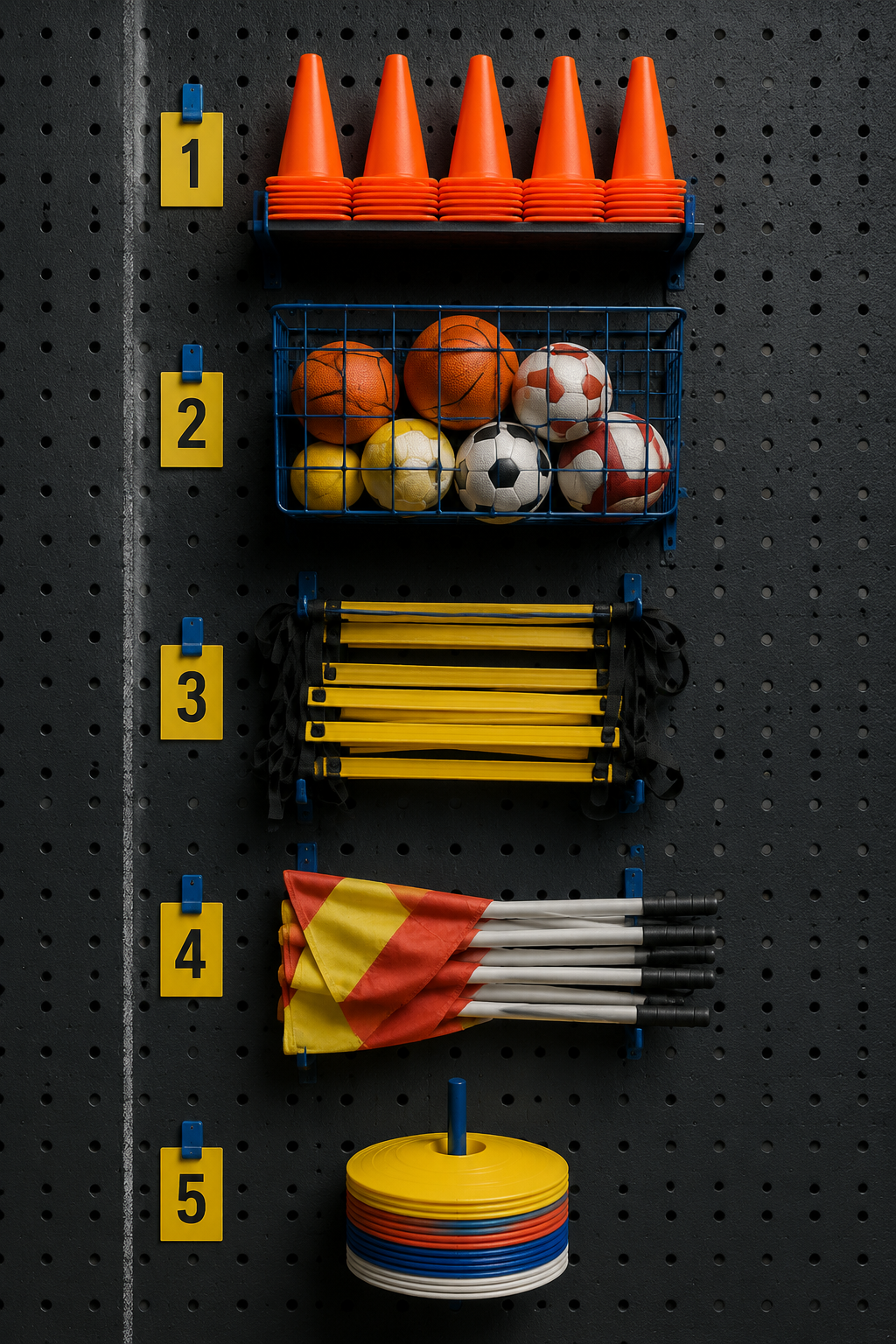 Overhead supply column of court-reset items — training cones, ball hopper, agility ladder and spot markers on a dark rubber board with yellow numbered tags.